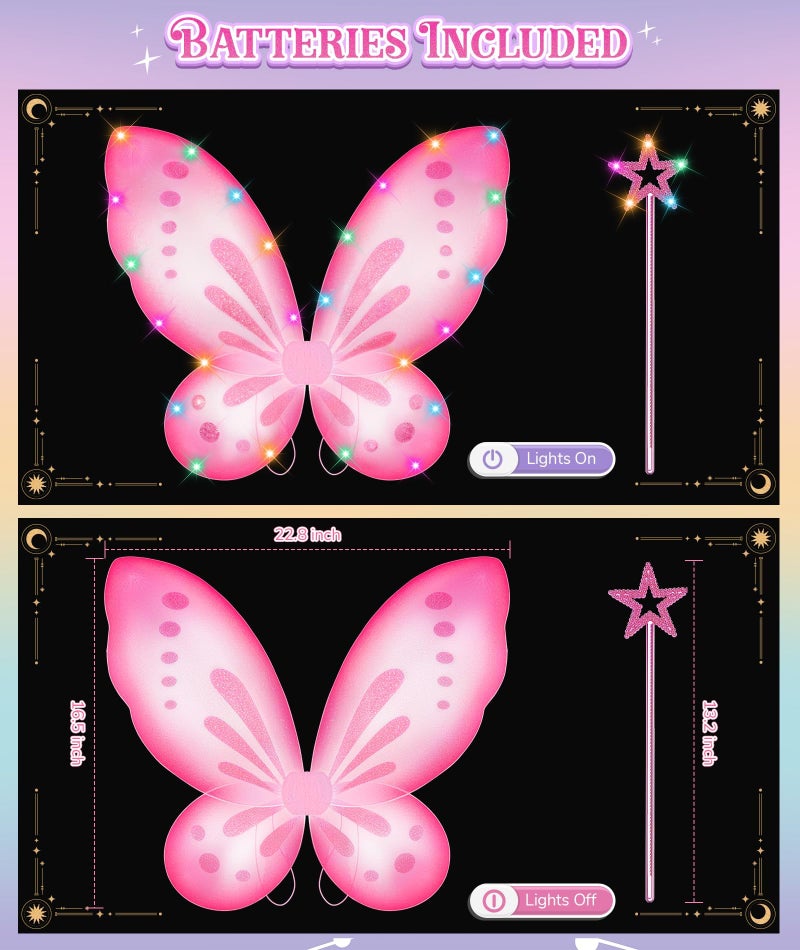 DUDUCOFU Girls Fairy Butterfly Wings with LED Light, Fairy Wings Light Up Star Wands for Girls Kids Women Halloween Dress Up (Pink) - Image 3