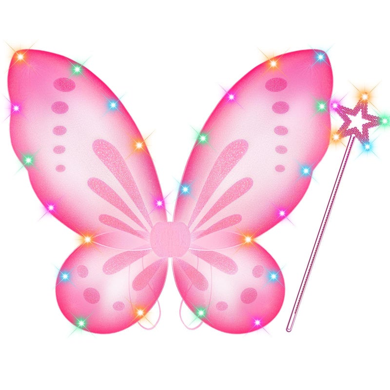 DUDUCOFU Girls Fairy Butterfly Wings with LED Light, Fairy Wings Light Up Star Wands for Girls Kids Women Halloween Dress Up (Pink) - Image 1