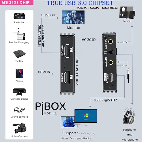 PiBox India 4K HDMI جهاز التقاط الفيديو PRO للبث المباشر، Full HD 1080P 60FPS، 4K USB3.0 HDMI إلى USBC، ميكروفون، مدخل ومخرج صوت، 1080P60 للبث المباشر للألعاب - Image 2
