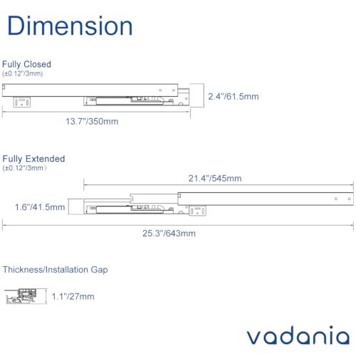 VADANIA 14" Undermount Drawer Slide, Soft Close, Bottom Mounted & Bottom Support, 88 lb Load Capacity, 3-Fold Full Extension, Invisible Drawer Slies,1 Pair(2-Pack) - Image 5