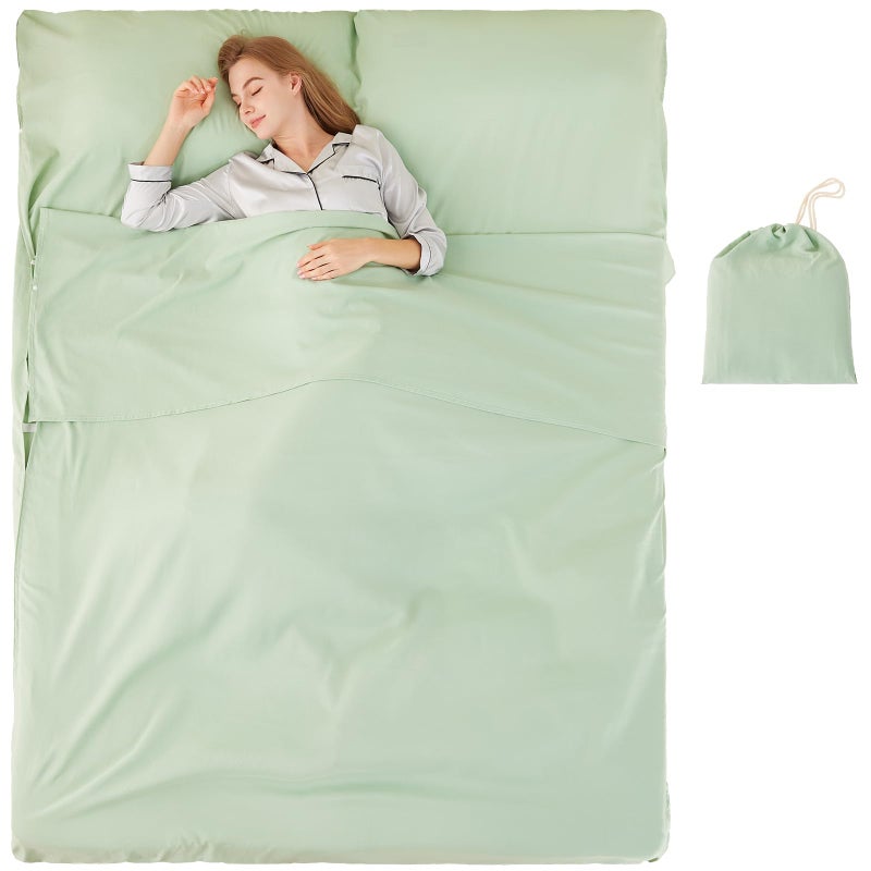 RHINSBENF Sleeping Bag Liner Camping Adult Sleep Sack Lightweight Travel Sheet for Hotel Bed Compact Ultralight Essential Cleaning Supplies Kit Travel Bedding Set for Backpacking (Green & Double) - Image 1