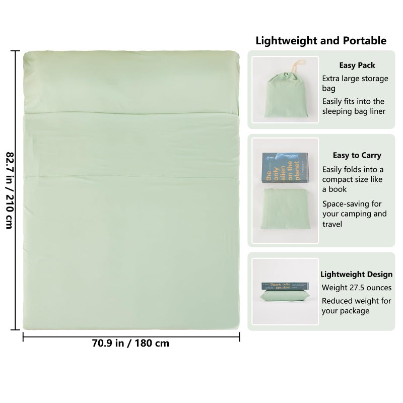 RHINSBENF Sleeping Bag Liner Camping Adult Sleep Sack Lightweight Travel Sheet for Hotel Bed Compact Ultralight Essential Cleaning Supplies Kit Travel Bedding Set for Backpacking (Green & Double) - Image 2
