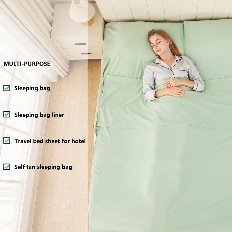 RHINSBENF Sleeping Bag Liner Camping Adult Sleep Sack Lightweight Travel Sheet for Hotel Bed Compact Ultralight Essential Cleaning Supplies Kit Travel Bedding Set for Backpacking (Green & Double) - Image 5