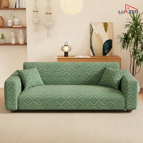 Lukzer 2 Seater Pastel Green Diamond Pattern Sofa Cover | 240 GSM Universal Stretch Fit Jacquard Fabric Couch Protector | Fully Covered Anti Slip & Washable Sofa Cover | (140-180cm/SC-153-02) - Image 4