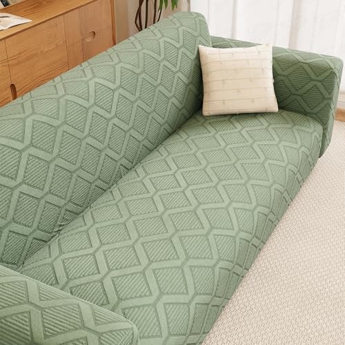Lukzer 2 Seater Pastel Green Diamond Pattern Sofa Cover | 240 GSM Universal Stretch Fit Jacquard Fabric Couch Protector | Fully Covered Anti Slip & Washable Sofa Cover | (140-180cm/SC-153-02) - Image 1