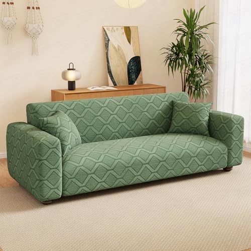 Lukzer 2 Seater Pastel Green Diamond Pattern Sofa Cover | 240 GSM Universal Stretch Fit Jacquard Fabric Couch Protector | Fully Covered Anti Slip & Washable Sofa Cover | (140-180cm/SC-153-02) - Image 3