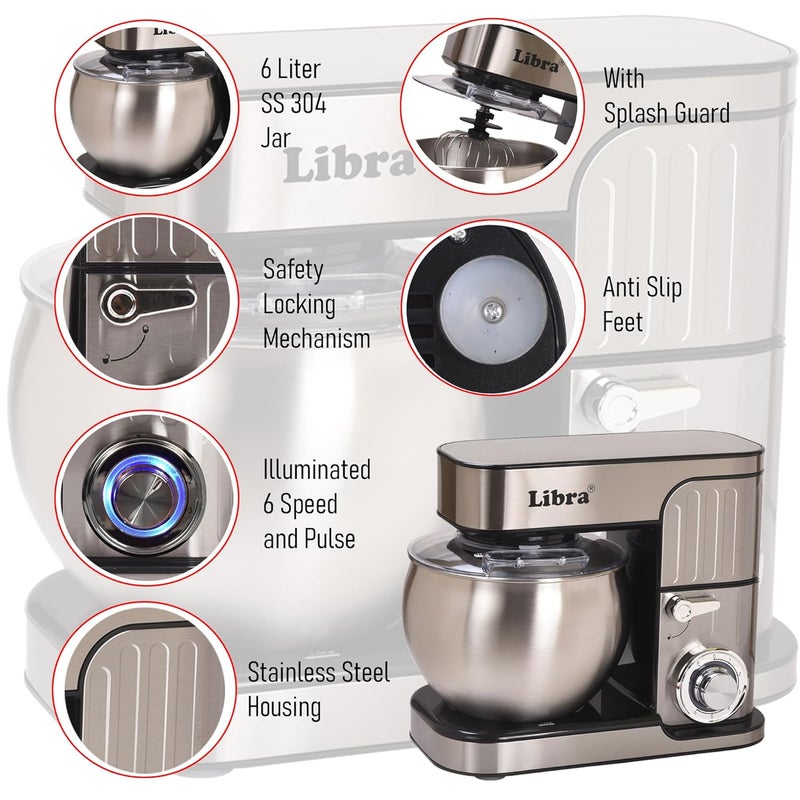 Libra Premium Stand mixer For Baking 1300 Watts Dough Maker With Stainless steel Outer Shell 6 Liter SS Bowl 4 Safety Features Metal Gears Planetary Rotation - Image 4