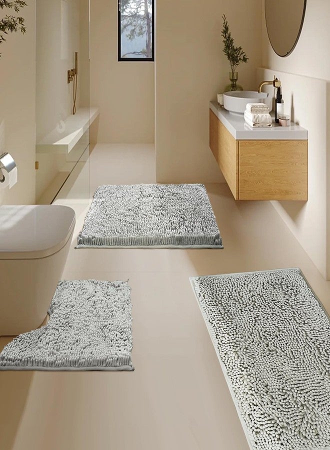 BOANKODU Bathroom Rugs Sets 3 Piece, Super Soft Absorbent Bath mat Set,with U-Shaped Toilet Rug,Strong PVC Underside Bathroom Rug,Antiskid Bath mats Washable Toilet mat, Light Gray - Image 1