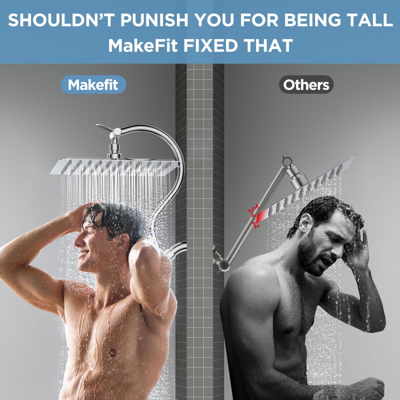 MakeFit All Metal Dual Shower Heads Combo with Curved Extension Arm, 10" Rain Shower Head with Handheld Spray, Square Adjustable Rainfall Showerhead System, 71" Extra Long Shower Hose, Chrome - Image 4