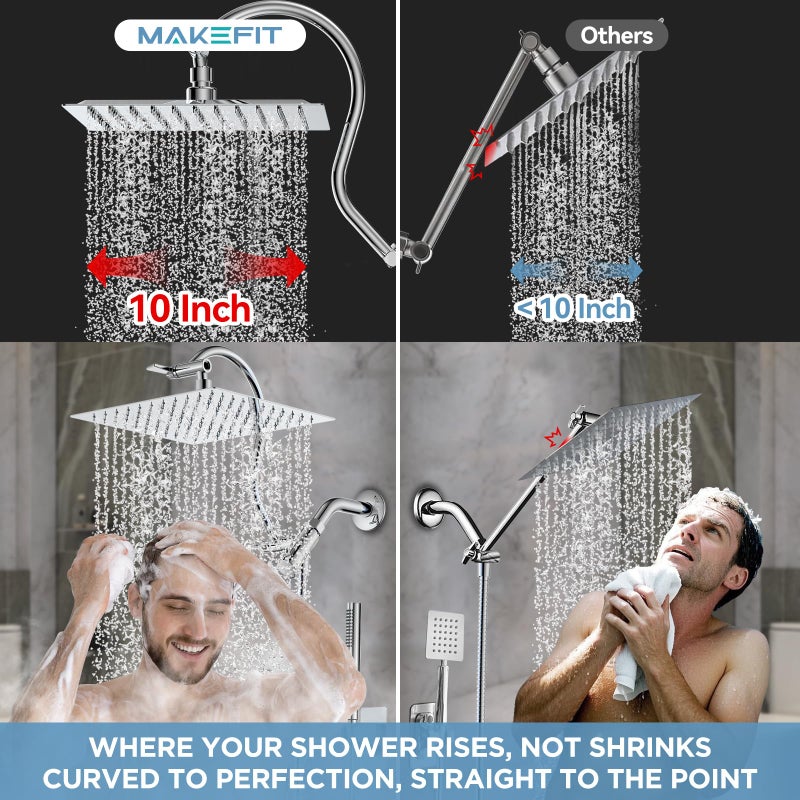 MakeFit All Metal Dual Shower Heads Combo with Curved Extension Arm, 10" Rain Shower Head with Handheld Spray, Square Adjustable Rainfall Showerhead System, 71" Extra Long Shower Hose, Chrome - Image 3