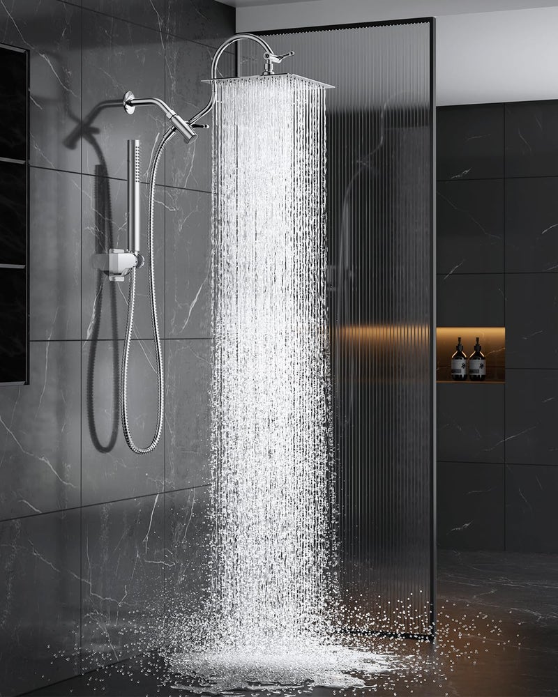 MakeFit All Metal Dual Shower Heads Combo with Curved Extension Arm, 10" Rain Shower Head with Handheld Spray, Square Adjustable Rainfall Showerhead System, 71" Extra Long Shower Hose, Chrome - Image 1