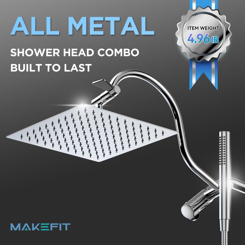 MakeFit All Metal Dual Shower Heads Combo with Curved Extension Arm, 10" Rain Shower Head with Handheld Spray, Square Adjustable Rainfall Showerhead System, 71" Extra Long Shower Hose, Chrome - Image 2
