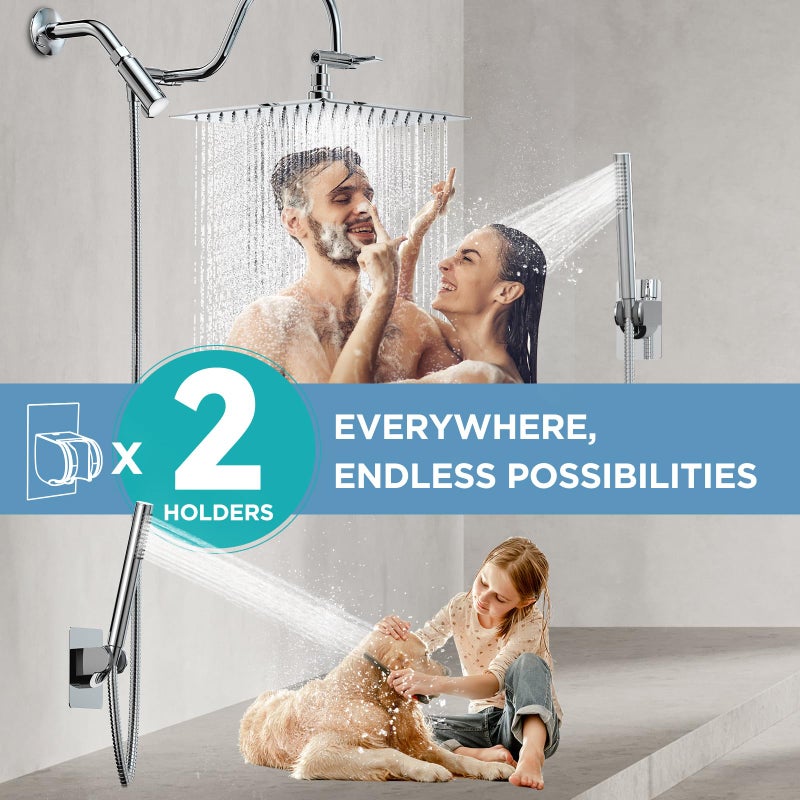 MakeFit All Metal Dual Shower Heads Combo with Curved Extension Arm, 10" Rain Shower Head with Handheld Spray, Square Adjustable Rainfall Showerhead System, 71" Extra Long Shower Hose, Chrome - Image 5