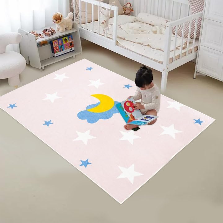 USTIDE سجادة USTIDE زهرية سماء النجوم 3x5 تصميم قمر ونجوم لطيف سجادة منطقة سجادة ناعمة للأطفال سجادة غير قابلة للانزلاق لغرفة اللعب غرفة المعيشة غرفة النوم ديكور الفصل الدراسي زهرية قمر 33x5 قدم - Image 3