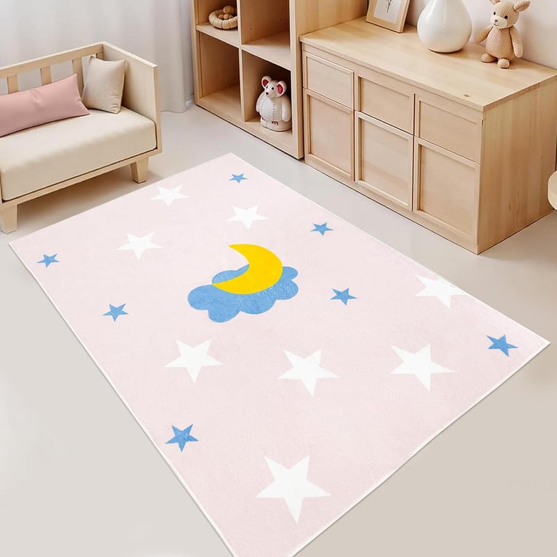 USTIDE سجادة USTIDE زهرية سماء النجوم 3x5 تصميم قمر ونجوم لطيف سجادة منطقة سجادة ناعمة للأطفال سجادة غير قابلة للانزلاق لغرفة اللعب غرفة المعيشة غرفة النوم ديكور الفصل الدراسي زهرية قمر 33x5 قدم - Image 4