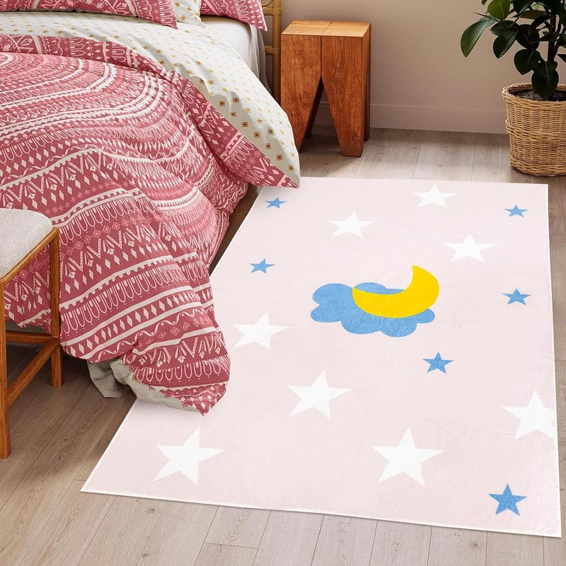 USTIDE سجادة USTIDE زهرية سماء النجوم 3x5 تصميم قمر ونجوم لطيف سجادة منطقة سجادة ناعمة للأطفال سجادة غير قابلة للانزلاق لغرفة اللعب غرفة المعيشة غرفة النوم ديكور الفصل الدراسي زهرية قمر 33x5 قدم - Image 1