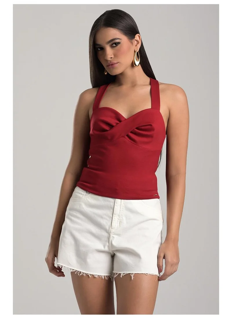 Carmen Steffens Red Top with Crossed Bust Detail