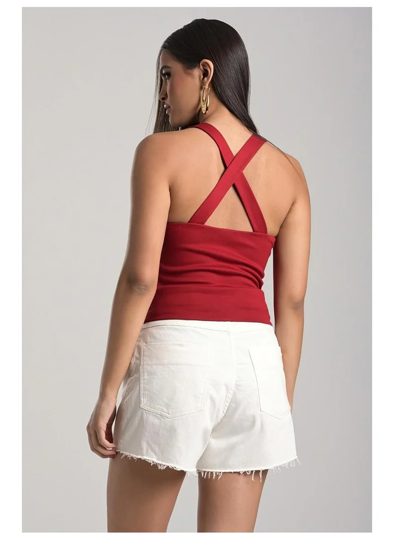 Carmen Steffens Red Top with Crossed Bust Detail