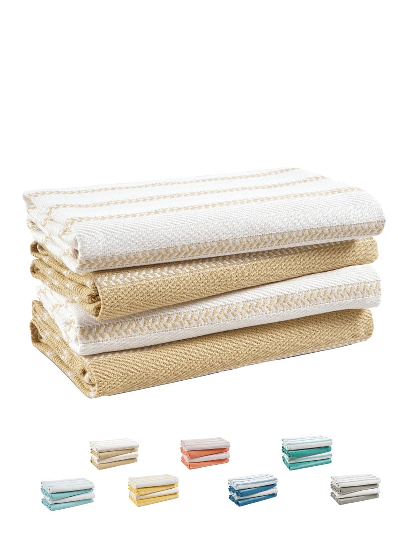 Cloud Scape Linen 100% Cotton Herringbone Kitchen Towels Set- Pack of 4, 18x 28 inches - Highly Absorbent and Quick Dry Dish Towels, Beige  - Image 1