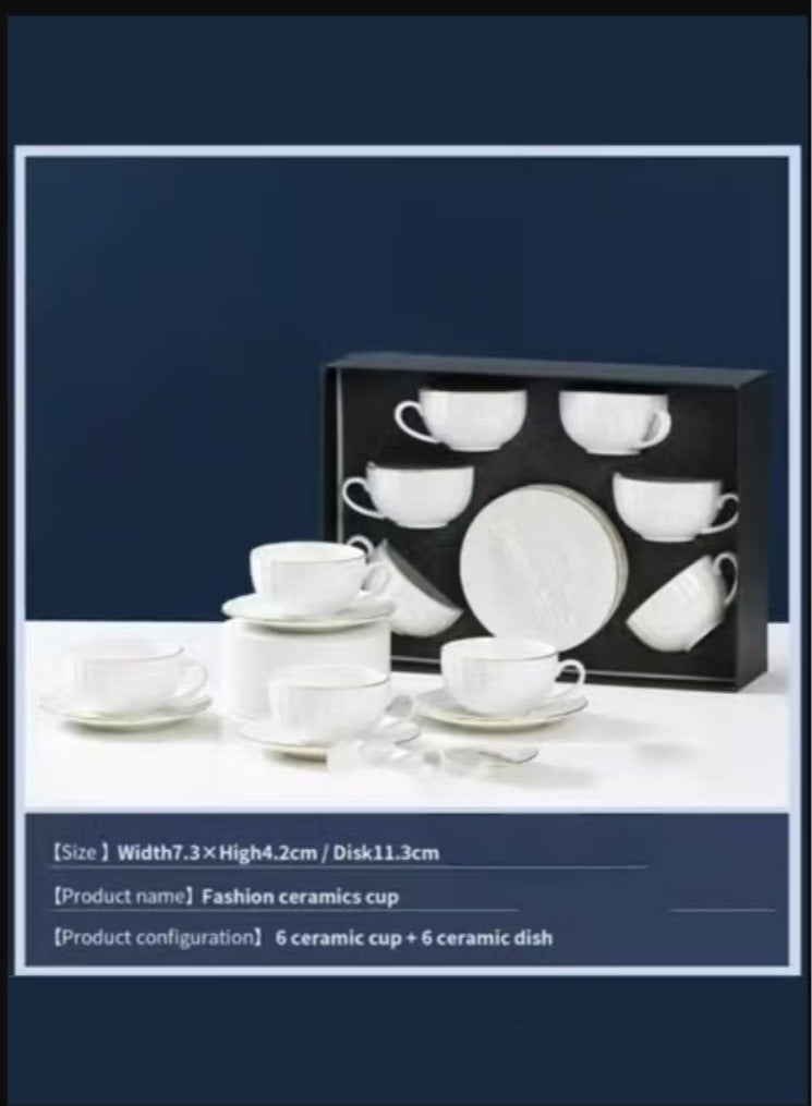 （small small 80ml，80ml）White and gold painted 6-piece small coffee cup and saucer set（80ml）, small tea set（80ml）, porcelain coffee cup and saucer set - 6 cups (80 ml) and 6 saucers (13 cm) - Elegant white porcelain teacup set for espresso, cappuccino, latte - microwave and dishwasher safe (80 ml) - Image 1