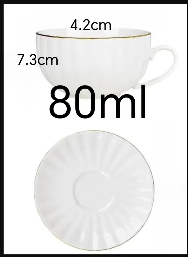 （small small 80ml，80ml）White and gold painted 6-piece small coffee cup and saucer set（80ml）, small tea set（80ml）, porcelain coffee cup and saucer set - 6 cups (80 ml) and 6 saucers (13 cm) - Elegant white porcelain teacup set for espresso, cappuccino, latte - microwave and dishwasher safe (80 ml) - Image 3