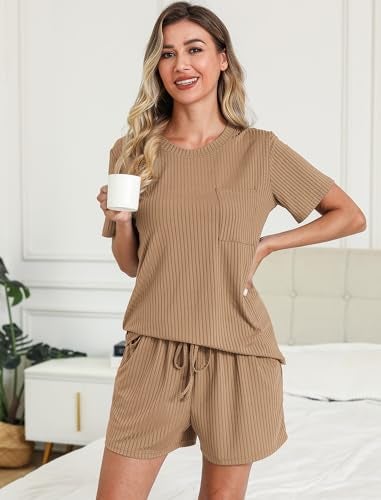 EISHOPEER Pajama Shorts Set for Women Ribbed Knit Cozy Tracksuits Short Sleeve Lounge Sets Soft Loungewear Khaki Medium - Image 4