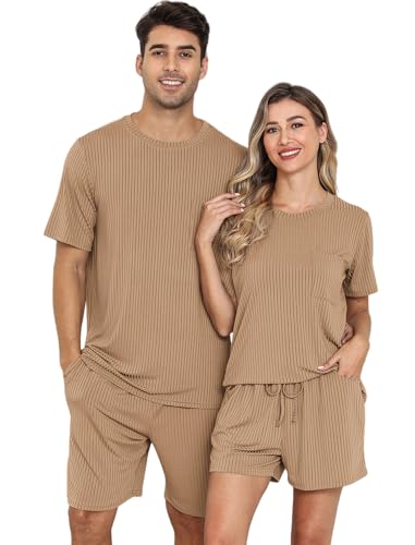 EISHOPEER Pajama Shorts Set for Women Ribbed Knit Cozy Tracksuits Short Sleeve Lounge Sets Soft Loungewear Khaki Medium - Image 1