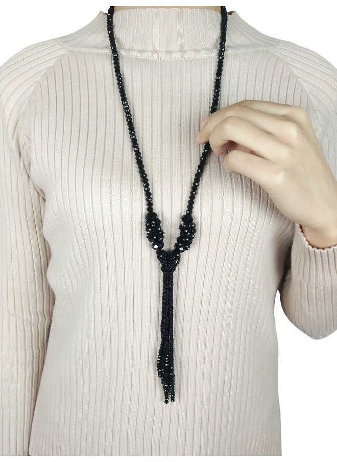 BaubleStar - Black Rhinestone Crystal Long Beaded Tassel Necklace For Women Bead Chain Tassel Statement Y Necklace Fashion Jewelry - Image 1
