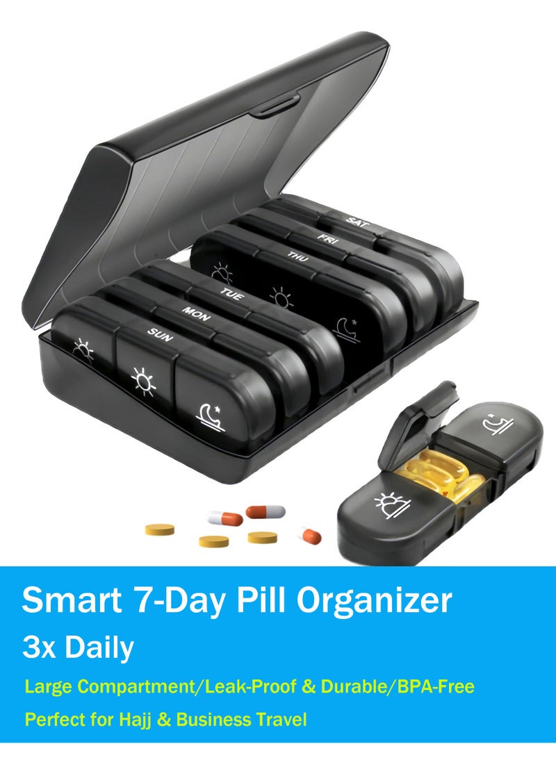 اعاره مقسم حبوب ذكي لـ7 أيام (3 مرات يوميًا) - حافظة أدوات سفر كبيرة الفتحات للفيتامينات والأدوية | مقاومة للتسرب ومتينة (أسود، خالي من BPA) - مثالي للحج والسفر التجاري - Image 1