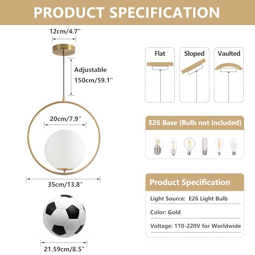 KCO Mid Century Modern Large Globe Pendant Light Fixture 1-Light Brushed Brass Gold Ceiling Hanging Pendant Lighting Minimalist White Glass Round Pendant Light (13.8”-Large) - Image 2