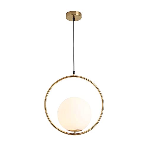 KCO Mid Century Modern Large Globe Pendant Light Fixture 1-Light Brushed Brass Gold Ceiling Hanging Pendant Lighting Minimalist White Glass Round Pendant Light (13.8”-Large) - Image 1