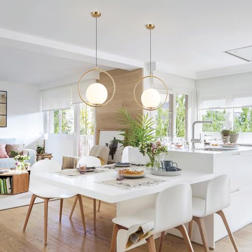 KCO Mid Century Modern Large Globe Pendant Light Fixture 1-Light Brushed Brass Gold Ceiling Hanging Pendant Lighting Minimalist White Glass Round Pendant Light (13.8”-Large) - Image 3