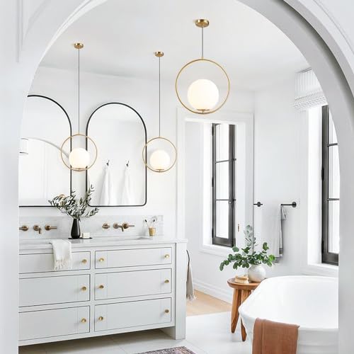 KCO Mid Century Modern Large Globe Pendant Light Fixture 1-Light Brushed Brass Gold Ceiling Hanging Pendant Lighting Minimalist White Glass Round Pendant Light (13.8”-Large) - Image 4