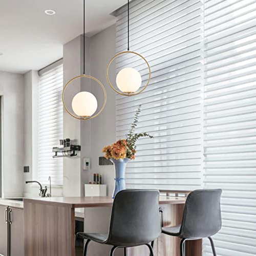 KCO Mid Century Modern Large Globe Pendant Light Fixture 1-Light Brushed Brass Gold Ceiling Hanging Pendant Lighting Minimalist White Glass Round Pendant Light (13.8”-Large) - Image 5