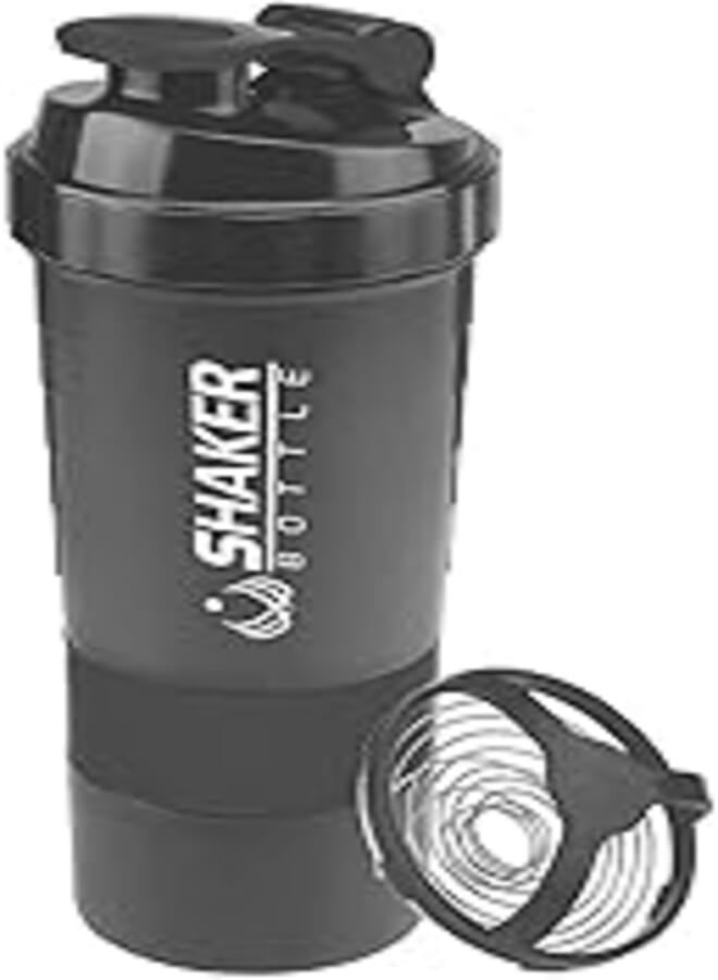 Protein Shaker Bottle with 3-Layer Twist and Lock Storage, Non-Slip Mix Shake Bottle 500 ML