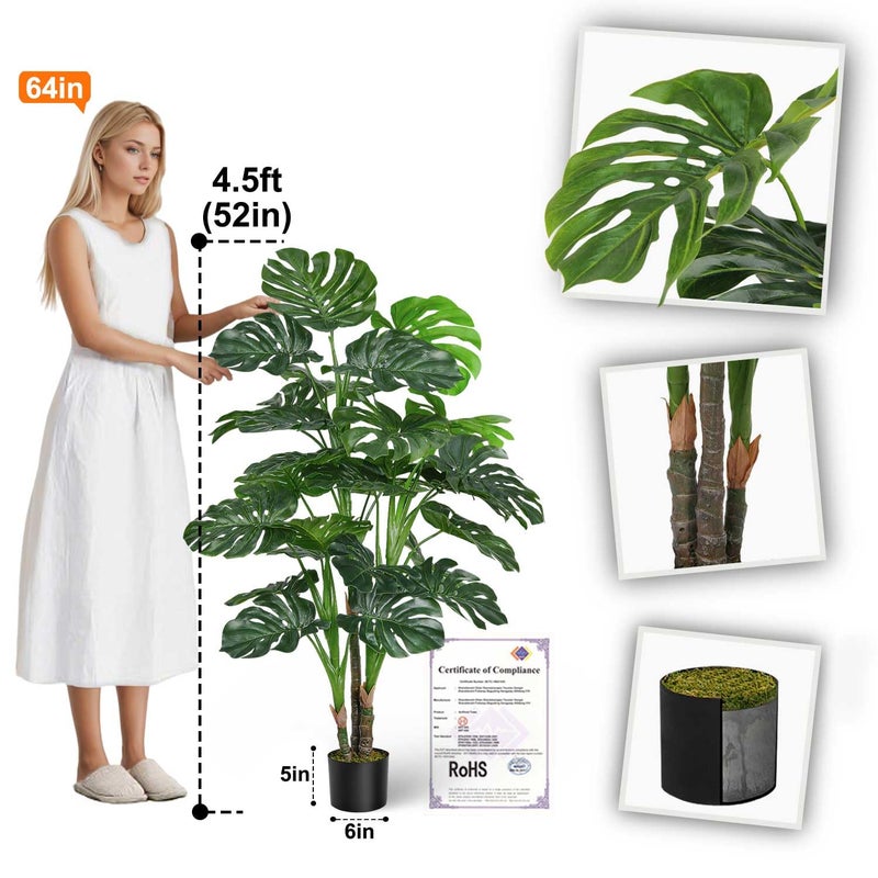 Aveyas 54'' Tall Large Artificial Monstera Deliciosa Plants, 4.5 Feet Faux Swiss Cheese Floor Plants Fake Tropical Silk Tree with Pot for Indoor Outdoor Office House Living Room Home Decor - Image 2