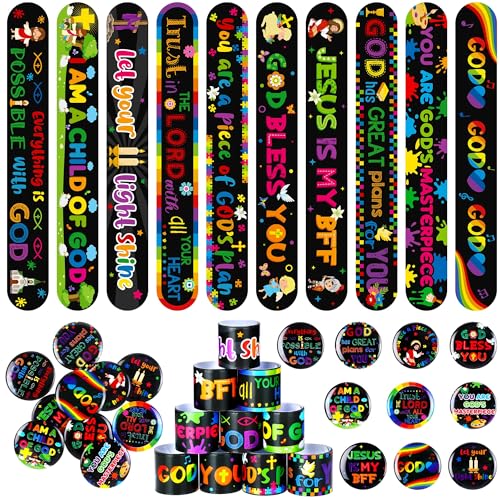 Frienda 60 Pcs Christian Easter Gifts for Kids Religious Slap Bracelets with Badges Christian Gifts Jesus Love You Wristbands Bracelets for VBS Sunday School Supplies Birthday Party FavorsJesus - Image 1