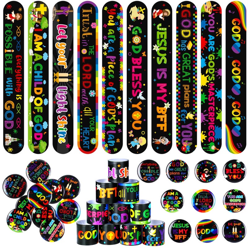 Frienda 60 Pcs Christian Easter Gifts for Kids Religious Slap Bracelets with Badges Christian Gifts Jesus Love You Wristbands Bracelets for VBS Sunday School Supplies Birthday Party FavorsJesus - Image 3