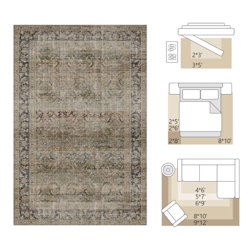 FMFUNCTEX 8x10 Washable Area Rug Brown Vintage Neutral Distressed Large Non Slip Carpet for Living Room Bedroom Soft Low Pile Indoor Mat Retro Throw Rug for Dining Room Kitchen Office Nursery, Multi - Image 2