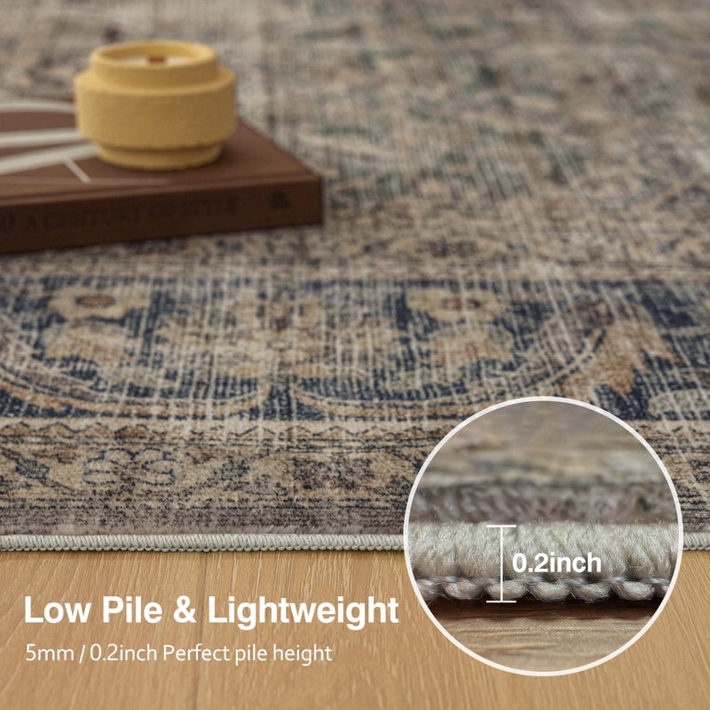 FMFUNCTEX 8x10 Washable Area Rug Brown Vintage Neutral Distressed Large Non Slip Carpet for Living Room Bedroom Soft Low Pile Indoor Mat Retro Throw Rug for Dining Room Kitchen Office Nursery, Multi - Image 4