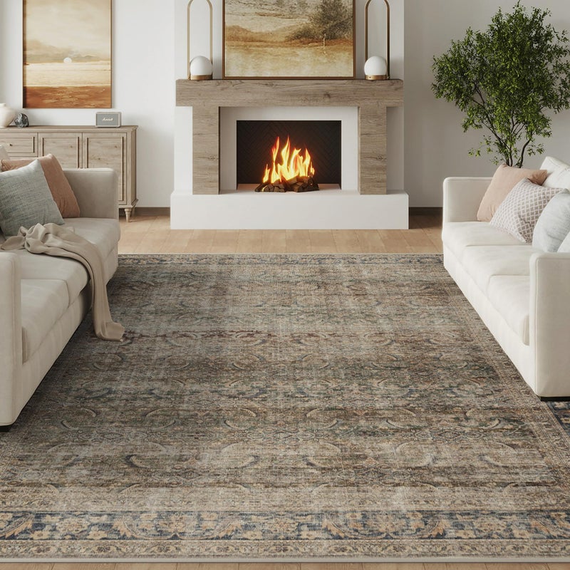 FMFUNCTEX 8x10 Washable Area Rug Brown Vintage Neutral Distressed Large Non Slip Carpet for Living Room Bedroom Soft Low Pile Indoor Mat Retro Throw Rug for Dining Room Kitchen Office Nursery, Multi - Image 3