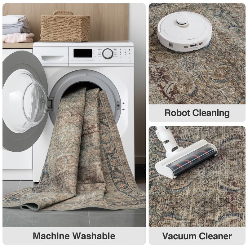 FMFUNCTEX 8x10 Washable Area Rug Brown Vintage Neutral Distressed Large Non Slip Carpet for Living Room Bedroom Soft Low Pile Indoor Mat Retro Throw Rug for Dining Room Kitchen Office Nursery, Multi - Image 5