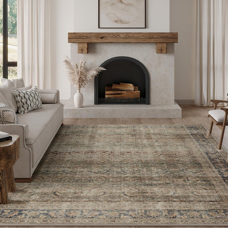 FMFUNCTEX 8x10 Washable Area Rug Brown Vintage Neutral Distressed Large Non Slip Carpet for Living Room Bedroom Soft Low Pile Indoor Mat Retro Throw Rug for Dining Room Kitchen Office Nursery, Multi - Image 1
