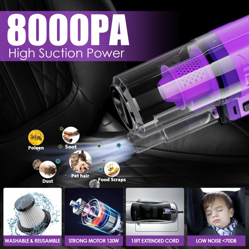 Viewsun 17PCS Car Cleaning Kit, Purple Car Interior Detailing Kit with High Power Handheld Vacuum, Detailing Brush Set, Windshield Cleaner, Cleaning Gel, Complete Auto Accessories for Women Gift - Image 2