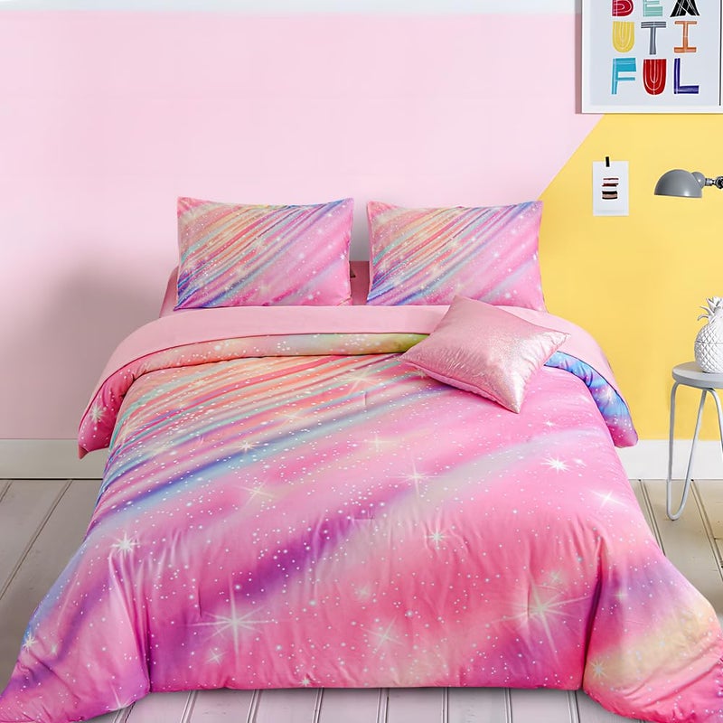 Btargot Btargot 6 Pieces Pink Gradient Star Ring Comforter Set for Boys Girls Teens Twin Size Colorful Glitter Rainbow Star Galaxy Bedding Set 