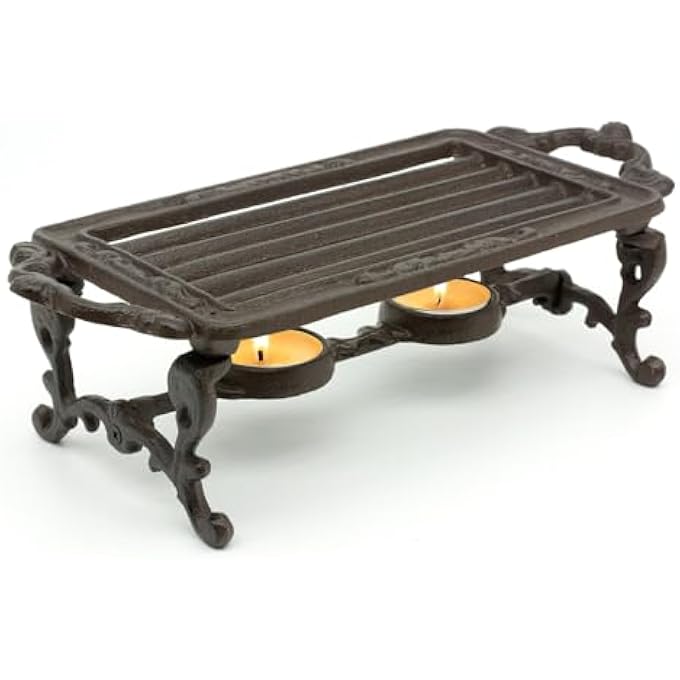 CKB Ltd Cast Iron Plate Warmer With Two Tealight Holders  Rustic Metal Vintage Style Stove Traditional Heater Table Stand For Keeping Pots Coffee Mugs Food Plates Hot - Image 3