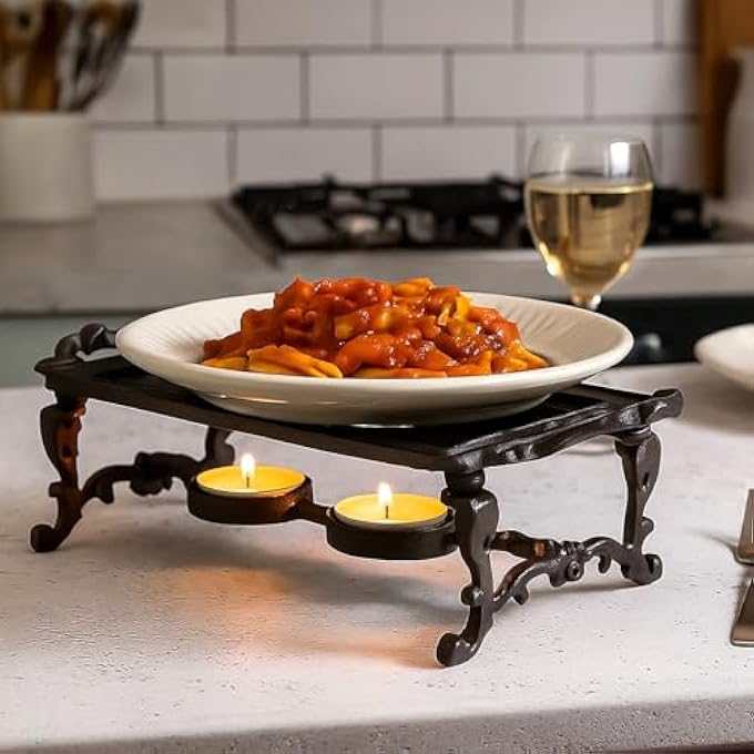 CKB Ltd Cast Iron Plate Warmer With Two Tealight Holders  Rustic Metal Vintage Style Stove Traditional Heater Table Stand For Keeping Pots Coffee Mugs Food Plates Hot - Image 5