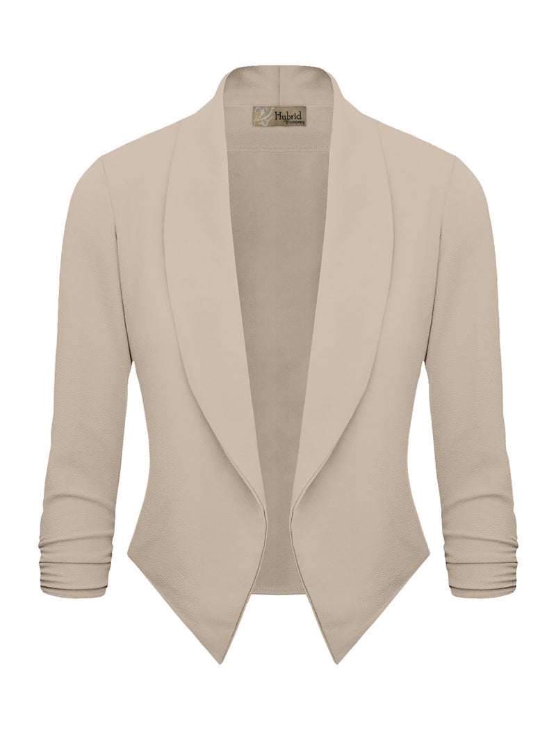 Hybrid & Company Lightweight Open Front Cardigan Classic Ruched Sleeve Work Office Blazer Suit Jackets JK1133 Stone Large - Image 2