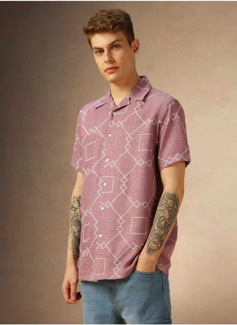 دينيس لينغو Men's Pink 100% Polyester Printed Relaxed Fit Shirt
