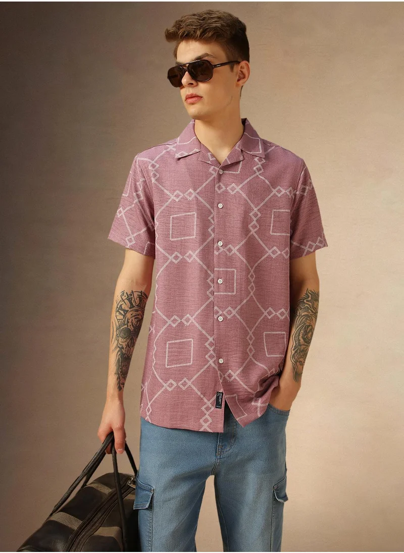 دينيس لينغو Men's Pink 100% Polyester Printed Relaxed Fit Shirt